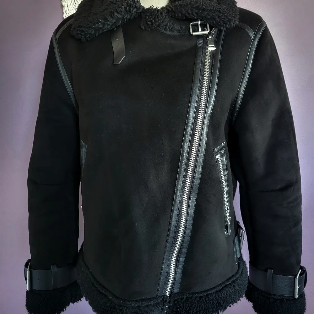 Zara Black Faux Suede Sherpa Lined Oversized Buckle Aviator Bomber Jacket Coat - Picture 7 of 14